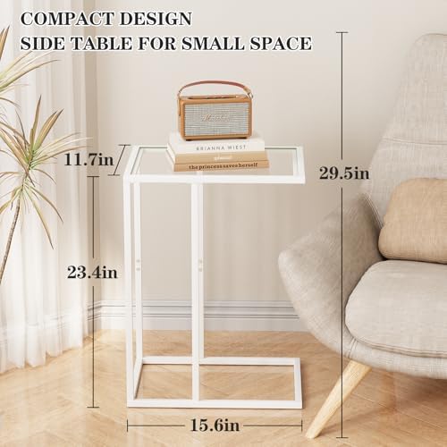 Easy Paws Small C Shaped End Table Set of 2, Glass Couch Side Snack Table for Living Room, Bedroom,TV Tray Table for Sofa,Accent Coffee Table,Nightstand with Metal Frame(White) - Image 3