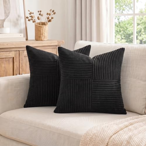 Fancy Homi 2 Packs Black Samll Decorative Throw Pillow Covers 14x14 Inch with for Couch Bed Sofa, Rustic Farmhouse Boho Home Decor, Soft Corss Patchwork Corduroy Square Cushion Case 35x35 cm - Image 7