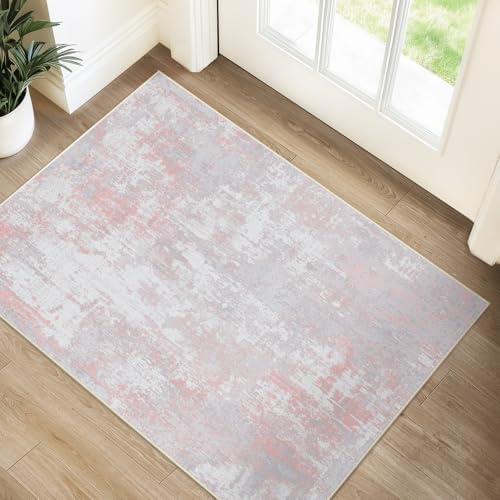 RELEANY Washable 2'x3' Abstract Area Rug for Living Room Gray Pink by RELEANY