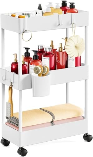 Pipishell 3 Tier Slim Storage Cart with Wheels, Bathroom Cart, White by Pipishell