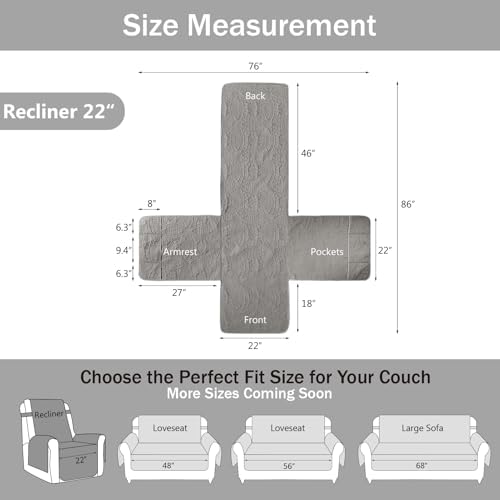 Gray Quilted Recliner Chair Covers, Waterproof Recliner Slipcovers, Lazy Boy Chair Covers, Pet Friendly Recliner Cover for Dogs Cats, Washable Furniture Protector (Recliner 22", Cool Gray) - Image 6
