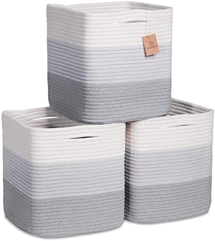 NaturalCozy Storage Cubes 11 Inch Cotton Rope Woven Baskets for Organizing, 3-Pack | Cube Storage Bin | Square Storage Baskets for Shelves Organizer, Classroom, Kids Toy Bins, Closet, Baby Nursery by NaturalCozy