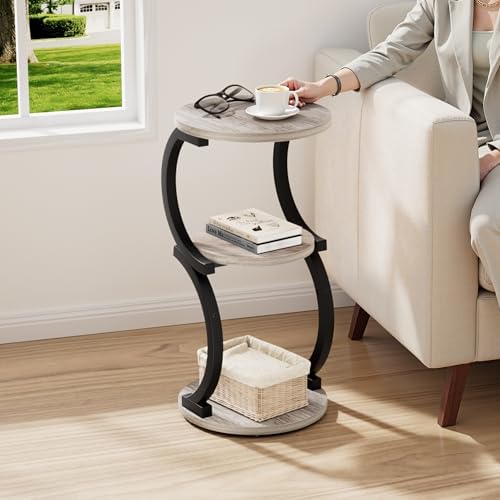 JUSTOGO Small Side Table, 3-Tier Round End Table for Small Spaces, Greige - Image 2