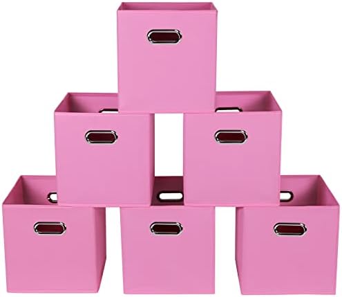 Fabric storage bins Cubes, Fabric Cube Organizer with Handle, Foldable Cube Bins for Cloth or Accessary Storage, 11x11x11, Set of 6, (Pink) by Yunkeeper