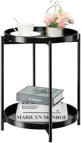 danpinera 2-Tier Round Side Table, Metal End Table with Removable Tray, Small Outdoor Table Accent Table, Anti-Rust Black Nightstand for Bedroom Balcony Patio (Black) by danpinera