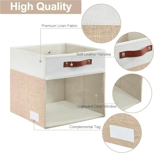 Bagnizer Storage Cubes, 4 Pack Linen Foldable Storage Bins with Clear Window and 2 Handles, 13x15x13 Storage Cube Bins for Shelf Closet, Kallax, Clothes, Books - (Beige / Off-White) - Image 5