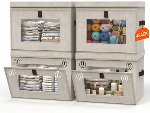 4 Pack Foldable Storage Bins with Lids, 15x10x10 Magnetic Front Open Closet Organizers, Stackable Fabric Cube Boxes for Baby Clothes, Diapers, Nursery, Toys, Yarn, Craft Room by CABIBOX
