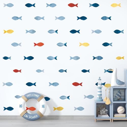 80 Pcs Creative Ocean Fish Wall Decals, Peel and Stick Blue Fish Wall Stickers, Vibrant Sea Life Watercolor Fishing Wall Decor for Kids Room Nursery Bedroom Playroom Classroom - Image 4