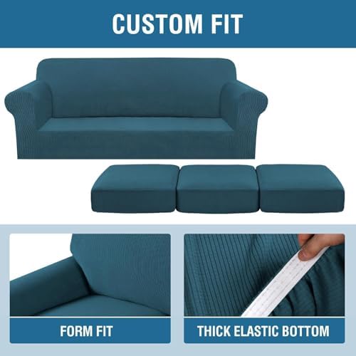 H.VERSAILTEX 4 Piece Stretch Sofa Covers for 3 Cushion Couch Covers for Living Room Furniture Slipcovers (Base Cover Plus 3 Seat Cushion Covers) Thicker Jacquard Fabric (Large Sofa, Deep Teal) - Image 4