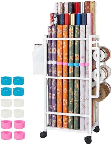 Aquzee Gift Wrapping Paper Organizer Storage, Rolling Gift Wrap Storage Stand, Vertical Wrapping Paper Storage Cart, Ribbon Organizers, 12 PCS Slap Bracelets, Adjustable Rod Design, White by Aquzee
