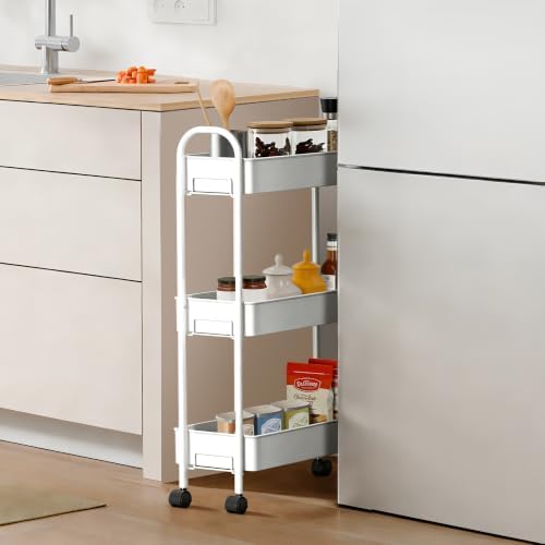 Slim Rolling Cart, Metal Frame Utility Rolling 3-Tier Narrow Storage Cart - Image 3