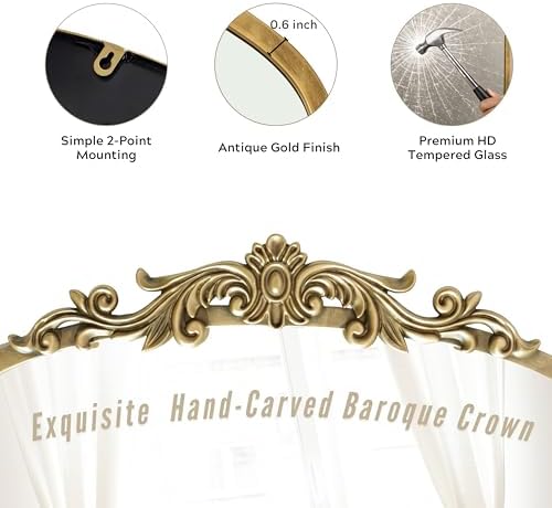 PERFNIQUE Vintage Mirror, 36" X 30" Gold Arched Antique Baroque Mirror - Image 5
