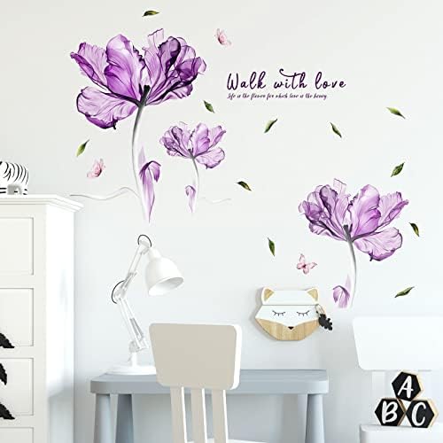 Flowers Wall Sticker Watercolor Purple Floral Wall Decal DIY Butterfly Flower Art Decor Stickers Floral Quotes Saying Wall Decals Mural for Nursery Bedroom Kids Room - Image 4