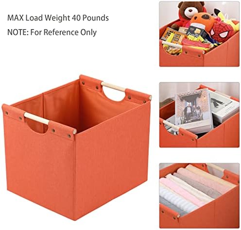 HOONEX Large Collapsible Storage Bins, Linen Fabric, Pack of 2, Storage Baskets with Wooden Carry Handles and Sturdy Heavy Cardboard, for Home, Office, Car, Nursery, Orange - Image 2