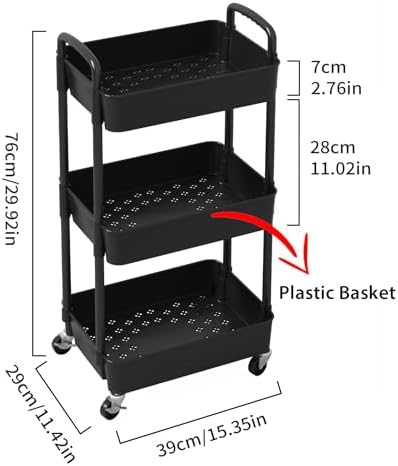 Sywhitta 3-Tier Plastic Rolling Utility Cart with Wheels for Storage,Black - Image 2