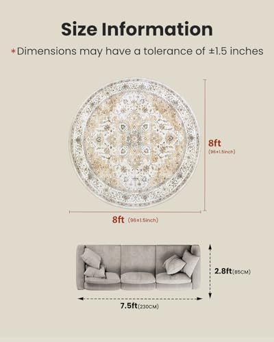 AMADA HOMEFURNISHING Round 8ft Area Rugs, Low-Profile Washable Rug with Non-Slip Backing & Durable Edge Binding, Vintage Rugs for Living Room, Bedroom, Dinning Room - Image 2