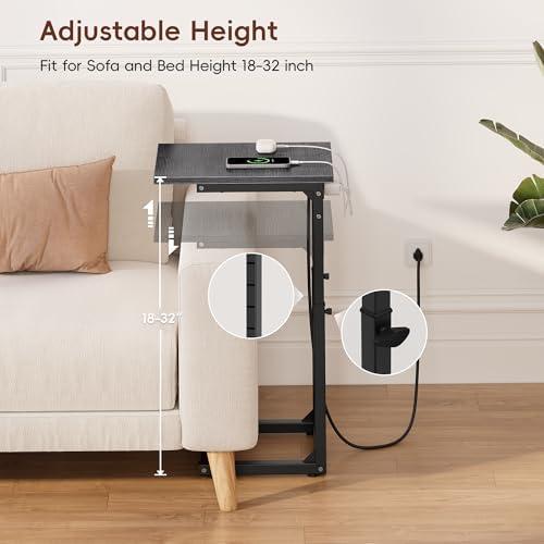 Vagusicc C Shaped End Table with Charging Station, 33" Tall Side Table for Couch, Adjustable Height C Table End Table, Couch Table Slide Under Sofa Table TV Tray Table for Living Room, Gray Walnut - Image 3