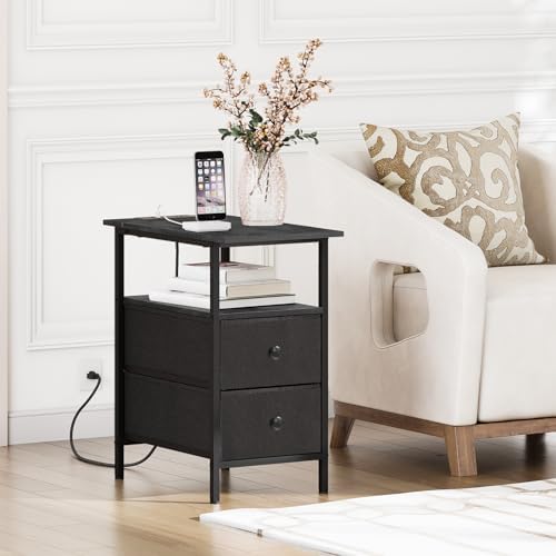 HOOBRO End Table with Charging Station, Narrow Side Table, Nightstand with 2 Non-Woven Drawers, Slim Sofa Side Table, for Small Spaces, Living Room, Bedroom, Black BB486UBZ01 - Image 4