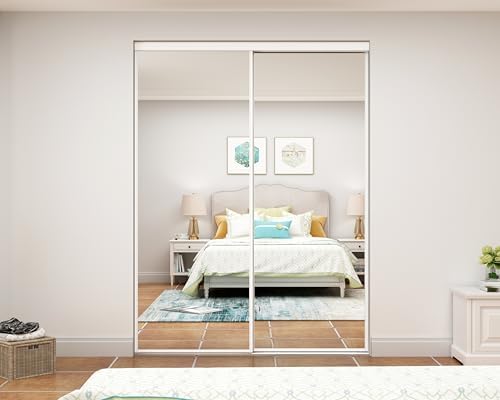 48 in. x 80 in. Mirror White Steel Frame Interior Closet Sliding Door with White Trim and Hardware Kit - Image 5
