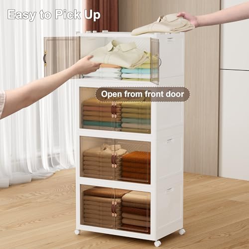 JOYMOOP Folding Storage Bins Organizer, 336 Quart Collapsible Storage Boxes with Wheels and Door, Stackble Plastic Storage Container for Clothing, Books and Sundries (XXL, 21 Gal Per, 4 Tiers) - Image 6