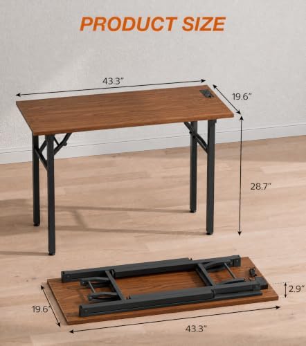 XBurmo Small Folding Desk Folding Table, No Assembly Foldable Desk Gaming Desk, 43.3-Inch Computer Table Workstation with 2 AC Outlets and 2 USB Ports for Bedroom and Home Office, Dark Walnut - Image 2