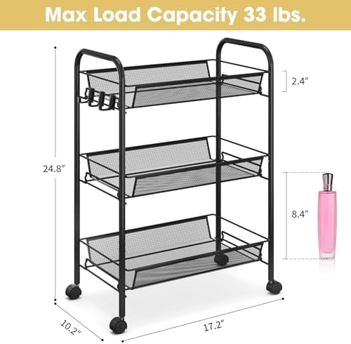 TOOLF 3 Tier Rolling Cart, Metal Utility Storage Cart with Wheels, Black | 3 Hooks, Screwless Assembly, Trolley Organizer for Bathroom, Kitchen, Office, Nursery, Dorm, Laundry Room - Image 6
