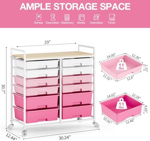TOOLF 12 Drawers Rolling Storage Cart with Wooden Top for Classroom,Pink - Image 3