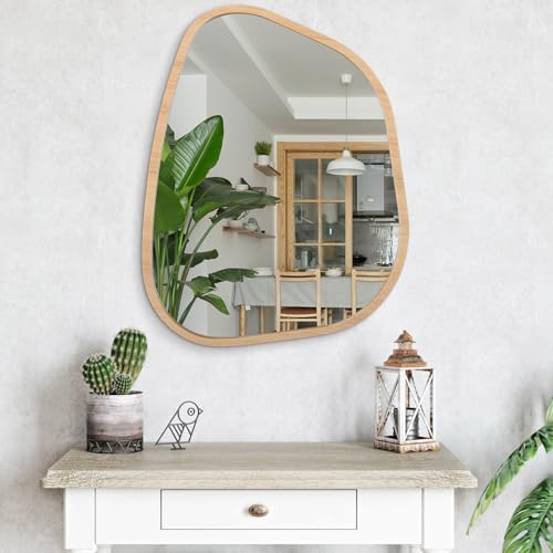 Irregular Bathroom Mirror Modern Wall Mirror Asymmetrical Wooden Framed Wall Mirror Unique Shape Wall Mounted Vanity Artistic Mirror Decor for Living Room Bedroom Entryway Large 26"x18" - Image 4