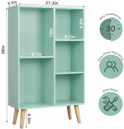 YAHARBO Small Green Bookshelf,3 Tier Modern Kids Bookcase with Legs,5 Cube Wooden Bookshelves Storage Shelf,Book Shelves Organizer,Display Bookcases Cabinet for Room Nursery Study - Image 2
