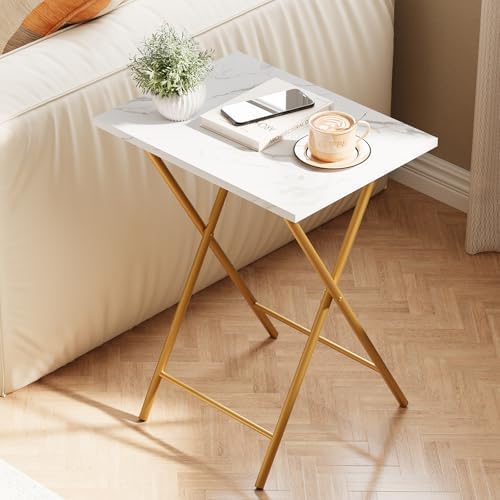 Folding TV Tray Table Set of 2, Portable Foldable TV Dinner Tray, Space-Saving Snack Serving Sofa Side Table, Easy to Fold Stable TV Trays for Living Room, Bedroom, Small Spaces (White Marble + Gold) - Image 2