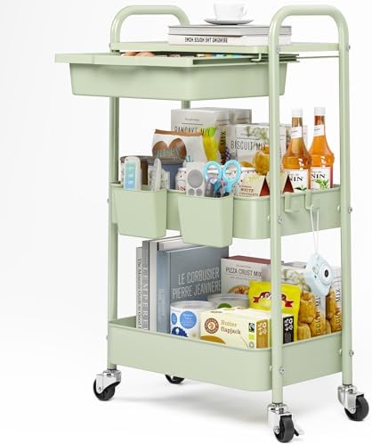 KINGRACK 3 Tier Metal Rolling Cart with Drawer, Green Utility Storage Cart | 2 Cups & 4 Hooks, Lockable Wheels, Trolley Organizer for Bathroom, Kitchen, Office, Nursery, Dorm, Laundry, Craft Room by KINGRACK
