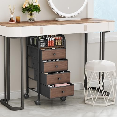 SWTYMIKI Rolling Makeup Organizer Cart - Under Desk Vanity Makeup Storage with 4 Non-woven Drawers, Nail Cart Organizer Cosmetic Display Cases Cabinet for Skin Care Perfume Nail Polish Brush Hair Tool - Image 3