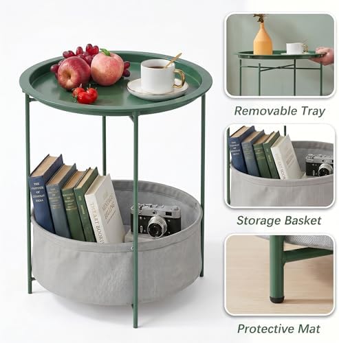 VECELO Round Side/End Table with Fabric Storage Basket，Metal Anti-Rust and Waterproof Small Bedside Nightstand with Removable Tray Top for Living Room，Balcony & Laundry，Dark Green /2pcs with Basket - Image 4