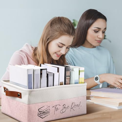 Marsui 1 Pcs TBR Basket Book Storage Bin Bookish Gifts, Pink White - Image 5