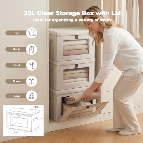 35L Large Closet Organizers and Storage Bins 2-Pack, Collapsible Fabric Storage Boxes with Lids and Handles, Front Opening Wardrobe Container with Clear Window for Clothes, Blankets, Living Room, Dorm - Image 3