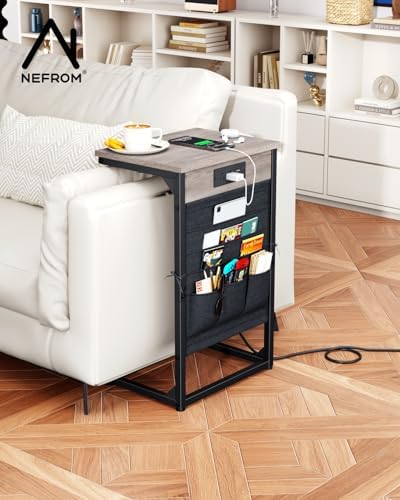 C-Shaped End Table with Fast-Charging Station, Small Couch Side Table with Storage Bag, Sofa TV Tray Table for Living Room, Bedroom, Bedside ET-GY-W1 - Image 5