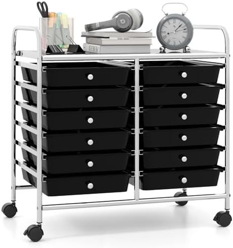 Giantex 12 Drawers Rolling Cart, Mobile Storage Drawer Cart, Classroom Organizer Cart for Office School Supplies Tools Scrapbook Paper Craft Small Printer, Utility Cart on Wheels, Black by Giantex
