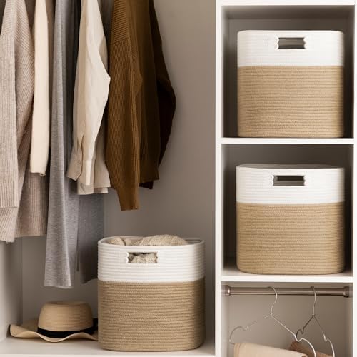 UBBCARE Set of 4 Storage Basket-13 X 13 X 13 in, Cotton Rope Basket for Shelves, Toys, Book, Cube Storage Bins with Handles, Woven Storage Basket for Organizing, White & Jute - Image 7