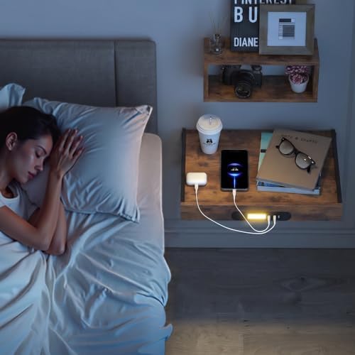 TEAMIX Floating Nightstand with Charging Station, Wall Mounted Folding Bedside Shelf Combo Wood Nightstand with Led Light USB Type C Ports, Bed Side Storage Tray Caddy for Bedroom, Living Room, Dorm - Image 2