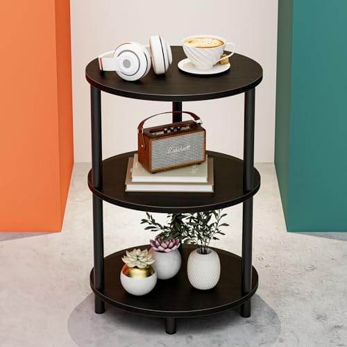 Round Pedestal End Table - 3-Tier Oval Accent Table for Small Spaces, Rustic Wood and Metal Couch Side Table, Nightstand for Bedroom or End Table Living Room, Easy to Assemble, Charcoal Wenge by RISWER