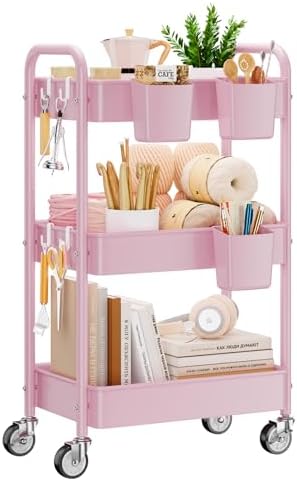 YASONIC 3 Tier Rolling Cart, Heavy Duty Metal Utility Cart with Wheel Pink by YASONIC