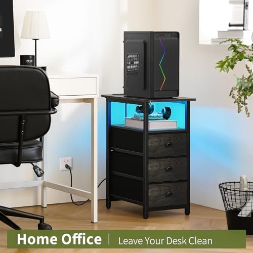 Yoobure End Table with Charging Station, LED Narrow Side Table Bedside Table, Small Night Stand End Tables Living Room, Skinny Nightstand with 3 Fabric Drawers, Side Tables Bedroom for Small Spaces - Image 7