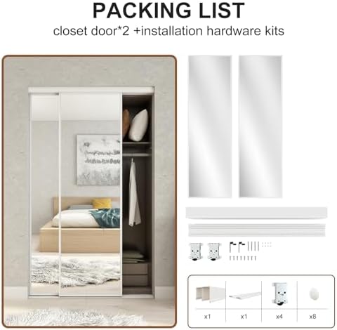 JUBEST Mirrored Closet Door 48 x 80, One Side Mirror Door with Top & Bottom Track Kits, Full Length White Steel Frame Sliding Mirror Closet Door, Easy to Install - Image 3