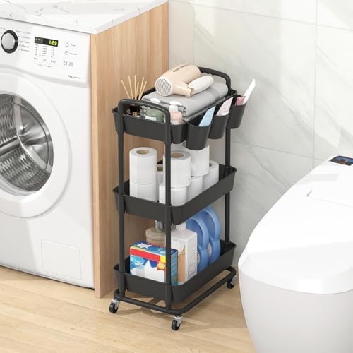 JIUYOTREE 3-Tier Plastic Rolling Storage Cart Utility Cart Black - Image 3