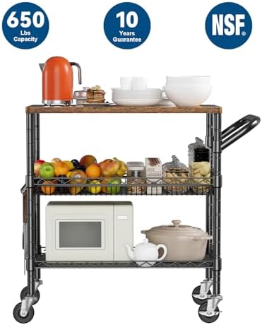 WDT 3 Tier Rolling Carts with Wheels, Heavy Duty Rolling Utility Cart with Wood Tabletop, Commercial Grade Metal Cart with Handle and Hooks, NSF Storage Serving Carts for Kitchen Island, Wood+Metal - Image 3