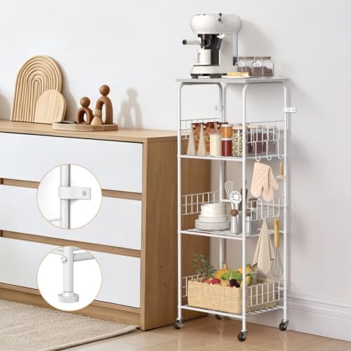 4-Tier Rolling Cart with Tabletop, Rolling Carts with Wheels and S Hooks by YAHKBTENBrand