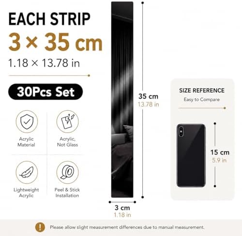 Acrylic Mirror Wall Decor, Peel and Stick Mirror Strips, Vertical Wall Mirror Tiles for Entryway, Bedroom & Bathroom, Shatterproof, Removable, Gold Silver Black, 20/30/40 PCS (30, Black) - Image 2