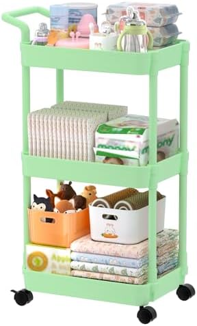 Volnamal Diaper Caddy, 3 Tier Rolling Cart for Baby Essentials, Green by Volnamal