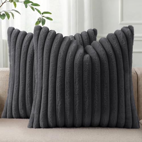 Pallene Faux Fur Decorative Throw Pillow Covers 18x18 Set of 2, Dark Grey by PALLENE