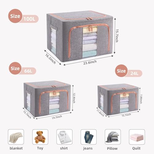 GuliPostan 3 Pack 24L Stackable Clothes Storage Bins with Metal Frame Handles & Zipper, Collapsible Closet Organizer Box with Lid for Bedding Blankets Towel (Grey) - Image 2
